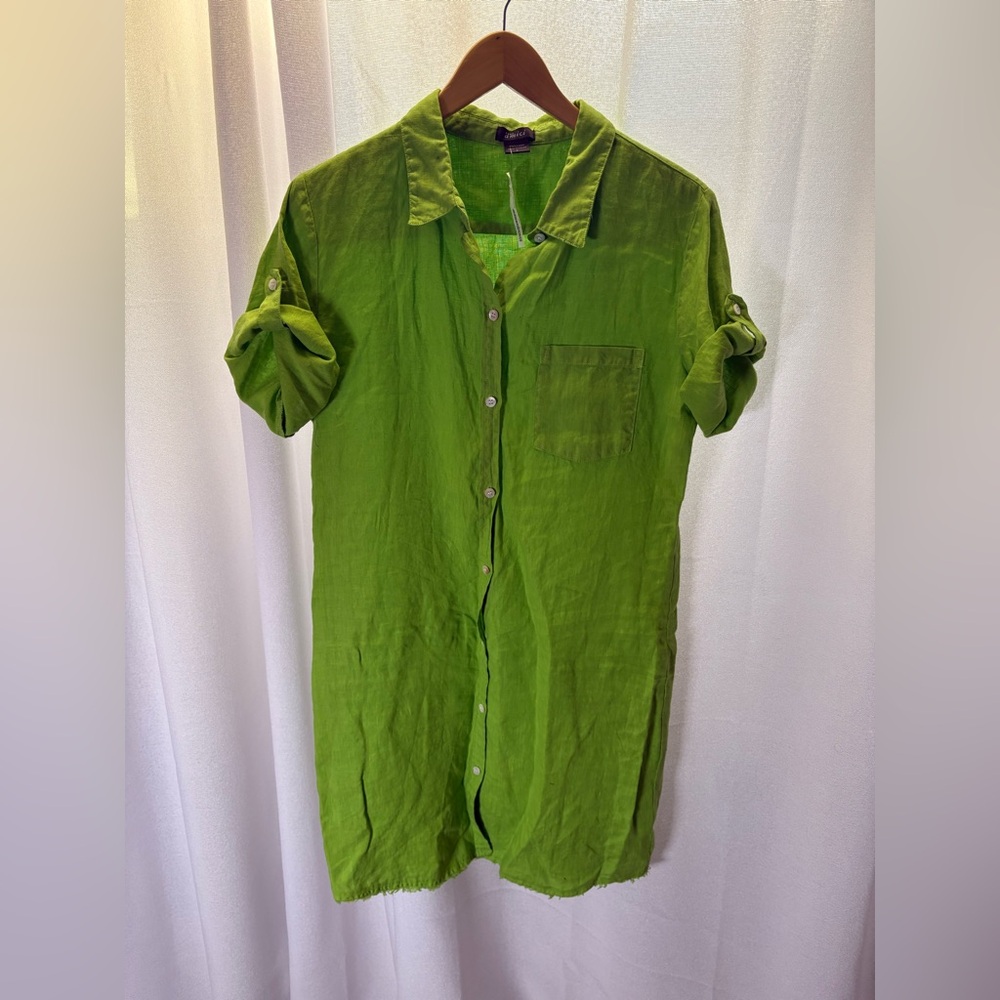 Pure Amici Linen Lime Green Button Down Shirt Dress L NWT $152 MSRP 515